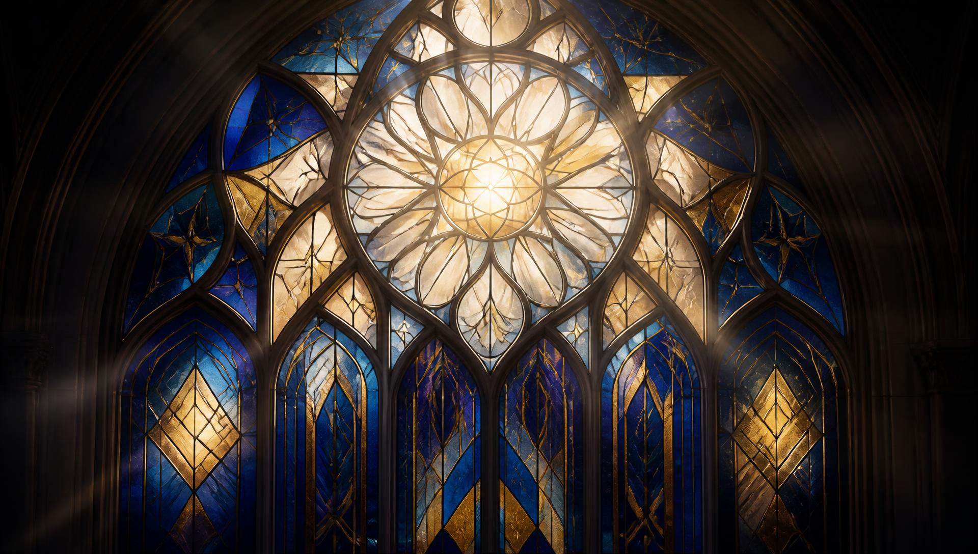Stained glass window in navy and gold